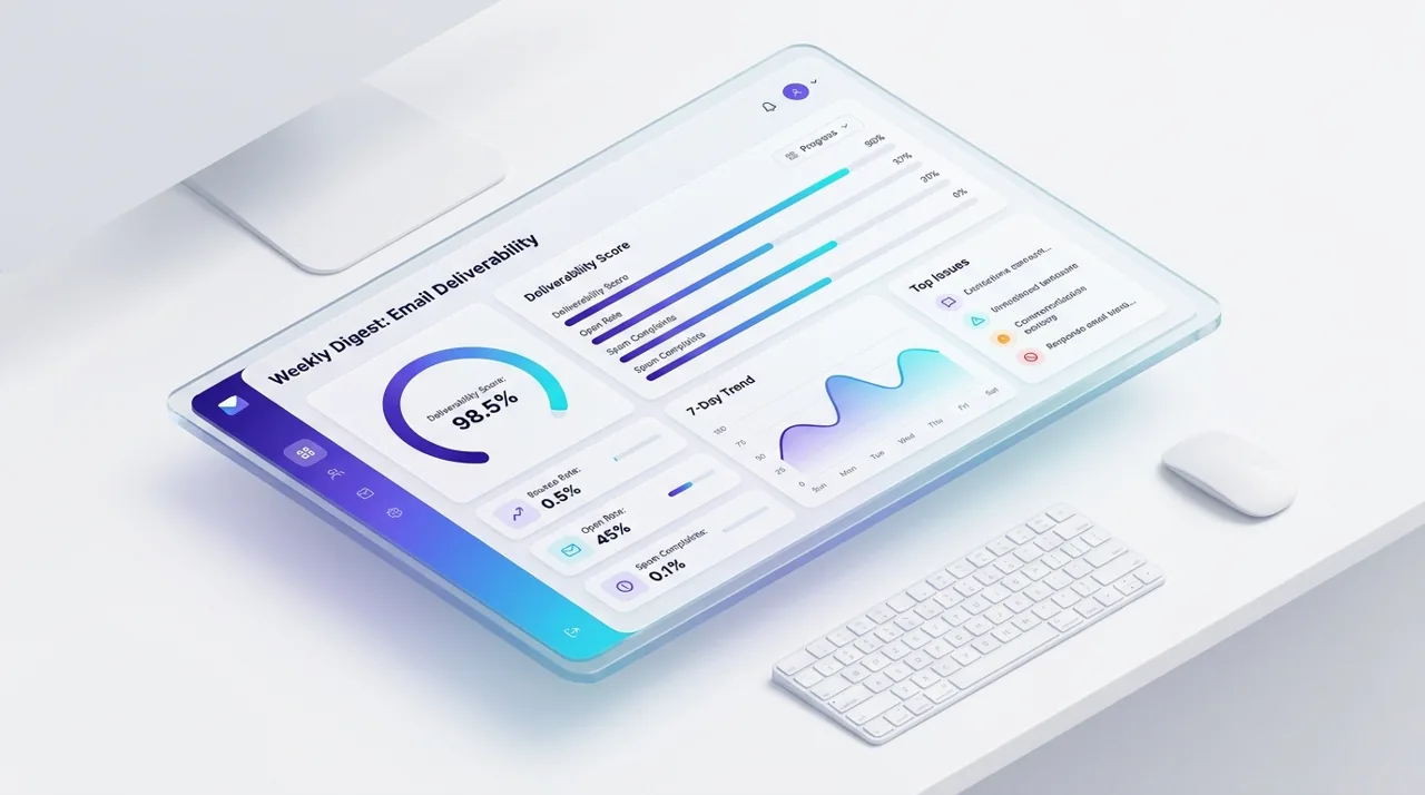 Deliverloom weekly digest mockup with authentication status and priority fixes